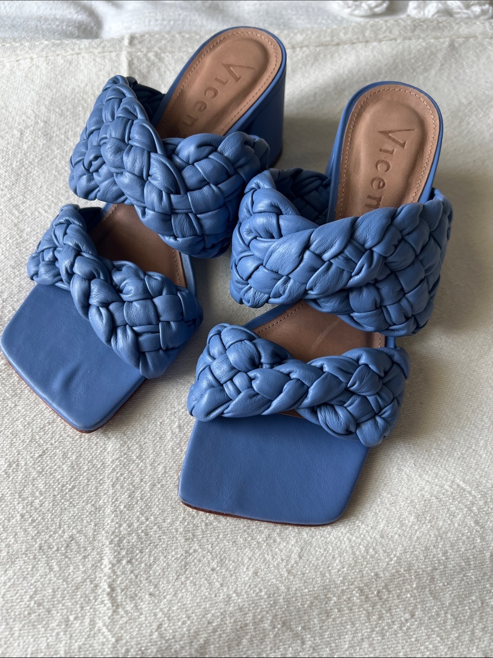 Braided Double-Strap Block Heel Sandals in Periwinkle Blue